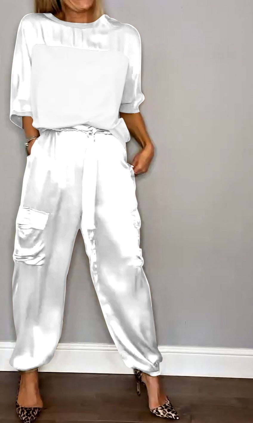 Heidi-Mode | Damen Satin Zweiteiliges Satz: Halbarm Top und Hose