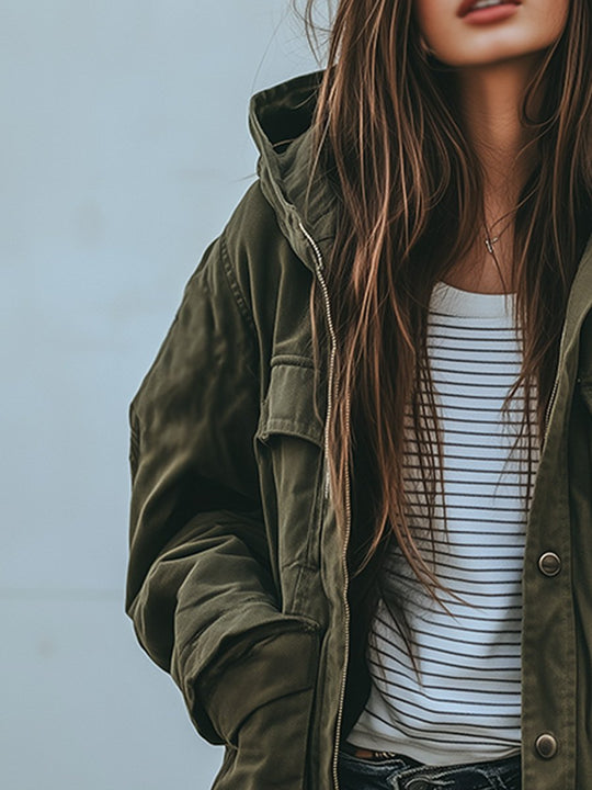 Heidi-Mode | Vintage Winddichte Arbeitsjacke Mit Kapuze Und Mehreren Taschen