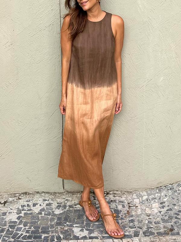 Heidi-Mode | Luftiges Baumwoll Leinen Kleid mit Farbverlauf und Schlitz in Den Beinen
