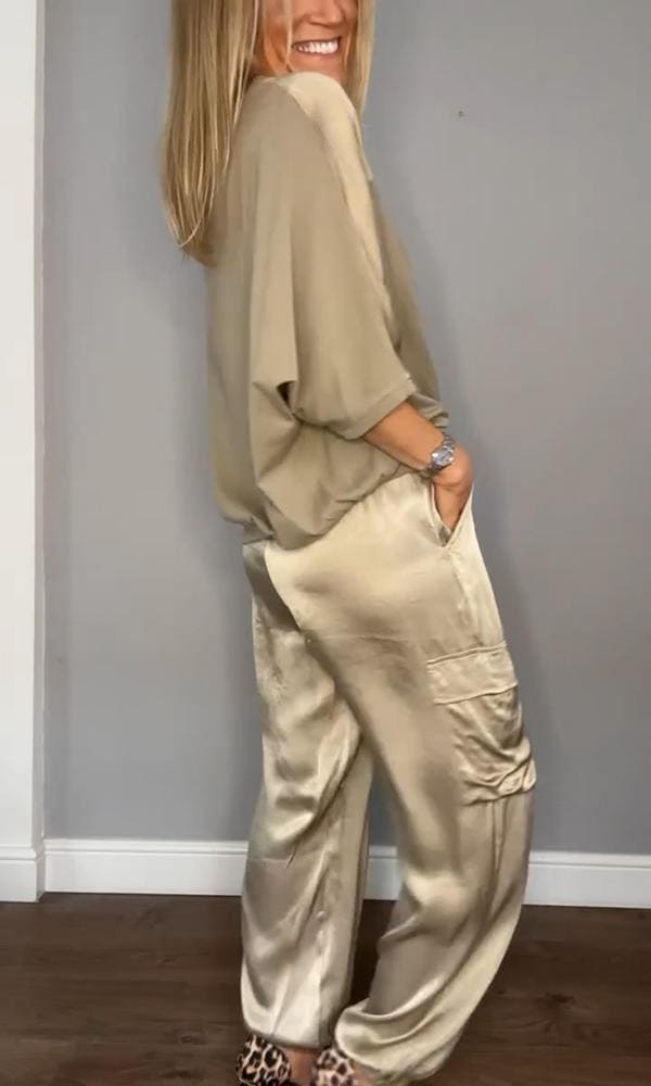 Heidi-Mode | Damen Satin Zweiteiliges Satz: Halbarm Top und Hose