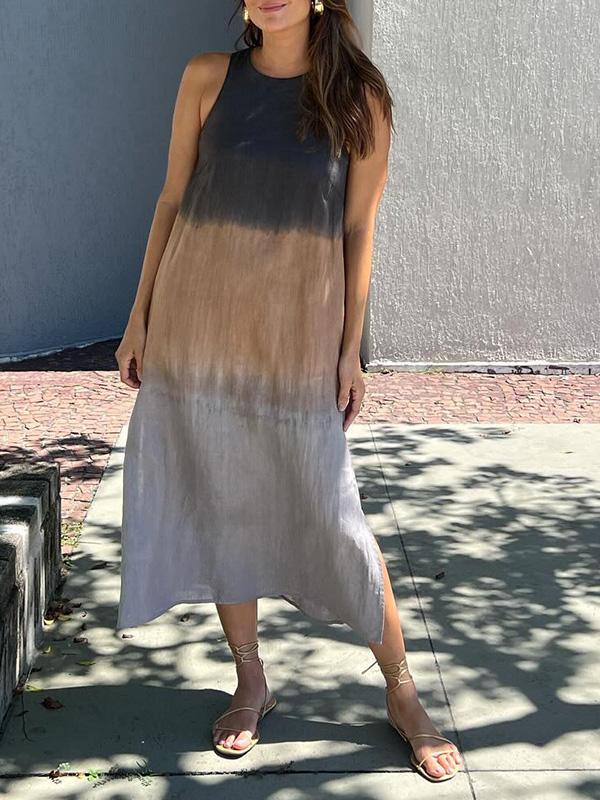 Heidi-Mode | Luftiges Baumwoll Leinen Kleid mit Farbverlauf und Schlitz in Den Beinen