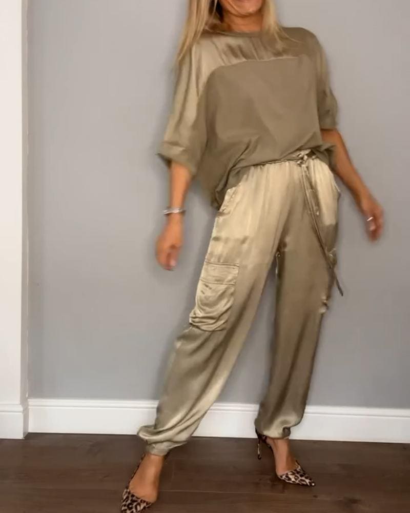 Heidi-Mode | Damen Satin Zweiteiliges Satz: Halbarm Top und Hose