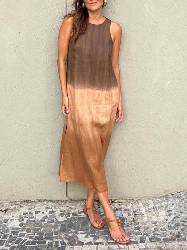 Heidi-Mode | Luftiges Baumwoll Leinen Kleid mit Farbverlauf und Schlitz in Den Beinen