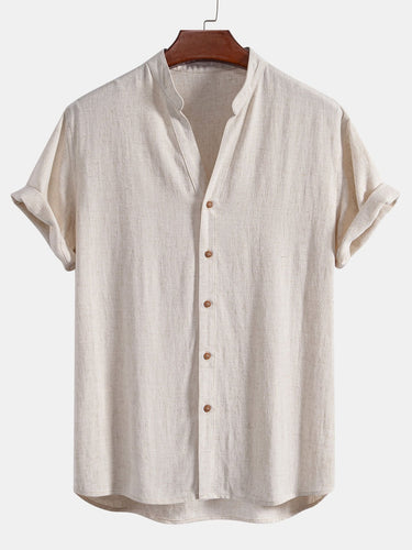 Sleeve Linen Rayon Blend Stand Collar Shirt & Straight Leg Linen Pants