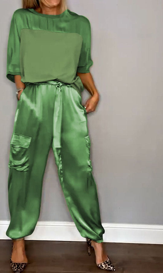 Heidi-Mode | Damen Satin Zweiteiliges Satz: Halbarm Top und Hose