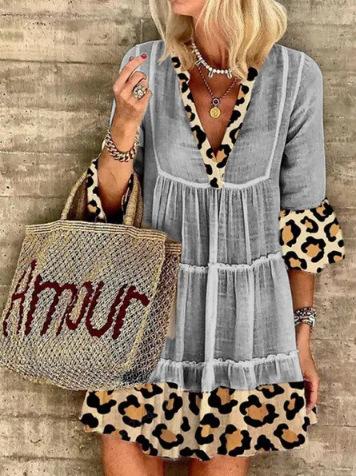 Mode Leopard Print Patchwork Baumwolle Leinen Kleid