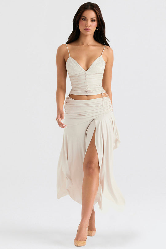 Heidi-Mode | Weiß Vegan Leder Korsett mit Drapierter Midi Rock