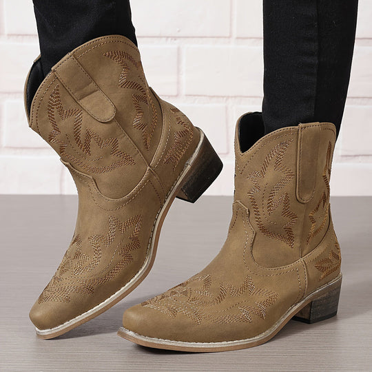 Heidi-Mode | Westernstiefel Besticktes Leder Spitz Zulaufend Knöchelhoch Blockabsatz