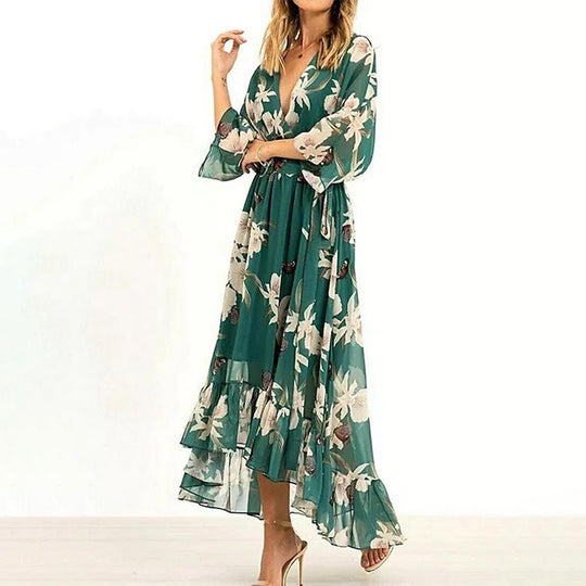 Heidi-Mode | Damen Maxikleid Fließendes V-Ausschnitt