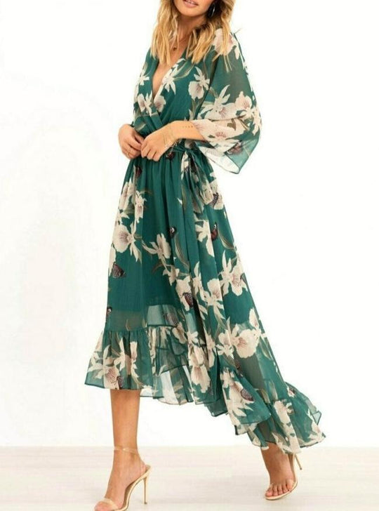 Heidi-Mode | Damen Maxikleid Fließendes V-Ausschnitt