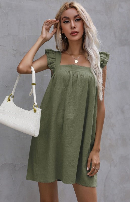 Heidi-Mode | Damen Lockeres Kurzes Rock Rüschenshirt Baumwolle Leinen Kleid