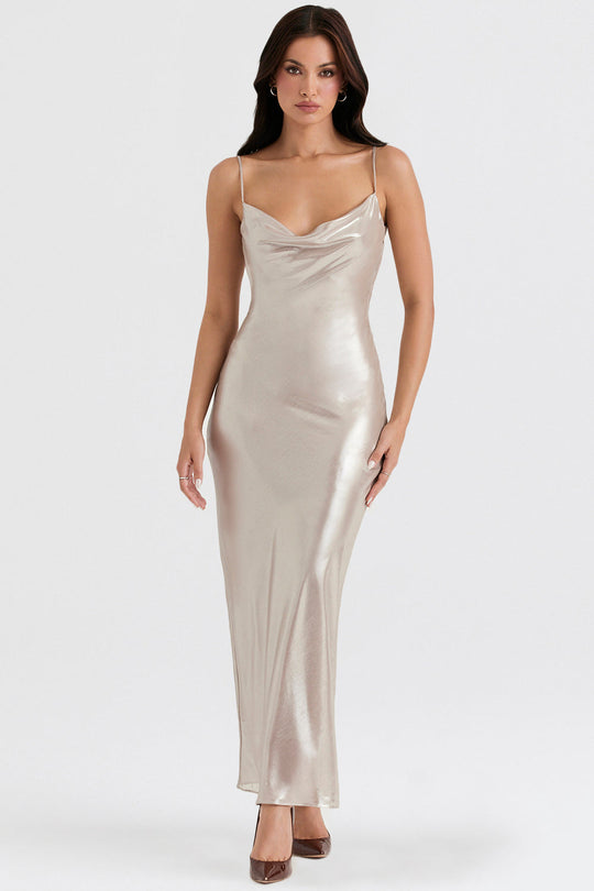 Heidi-Mode | Lange Kleid mit Champagnerfarbigen Glanz und Tiefe Rücke
