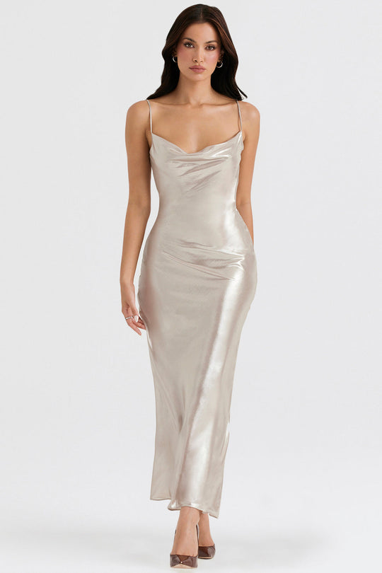 Heidi-Mode | Lange Kleid mit Champagnerfarbigen Glanz und Tiefe Rücke