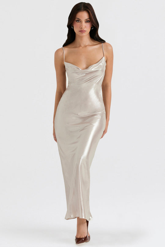 Heidi-Mode | Lange Kleid mit Champagnerfarbigen Glanz und Tiefe Rücke
