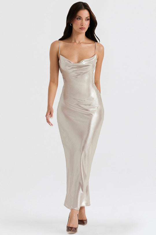 Heidi-Mode | Lange Kleid mit Champagnerfarbigen Glanz und Tiefe Rücke