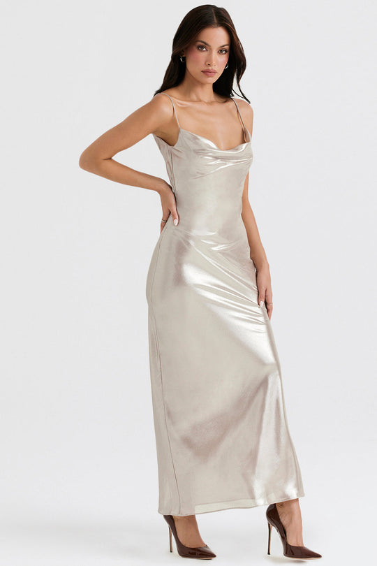 Heidi-Mode | Lange Kleid mit Champagnerfarbigen Glanz und Tiefe Rücke