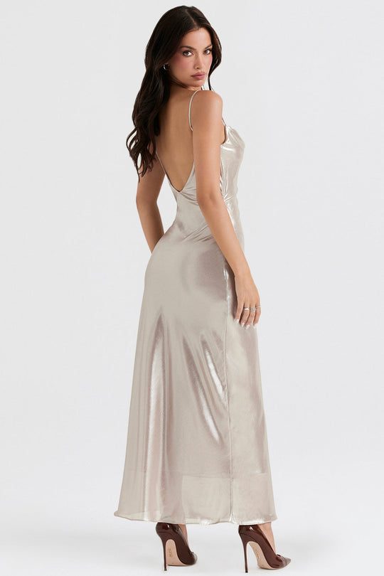 Heidi-Mode | Lange Kleid mit Champagnerfarbigen Glanz und Tiefe Rücke