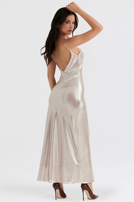 Heidi-Mode | Lange Kleid mit Champagnerfarbigen Glanz und Tiefe Rücke