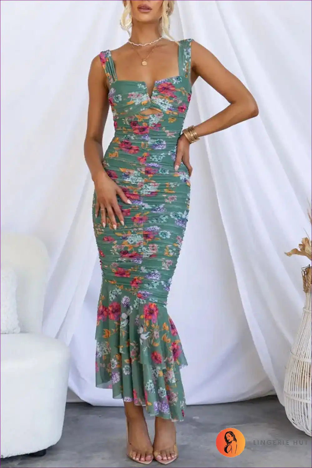 Heidi-Mode | Floral Rüschensaum Bodycon Kleid – Garten Glam