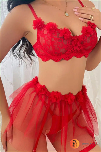 Heidi-Mode | Rotes Blumendesign Spitzenstrumpfhalter Lingerie Set – Sensuell & Elegant