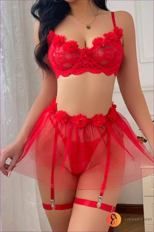Heidi-Mode | Rotes Blumendesign Spitzenstrumpfhalter Lingerie Set – Sensuell & Elegant