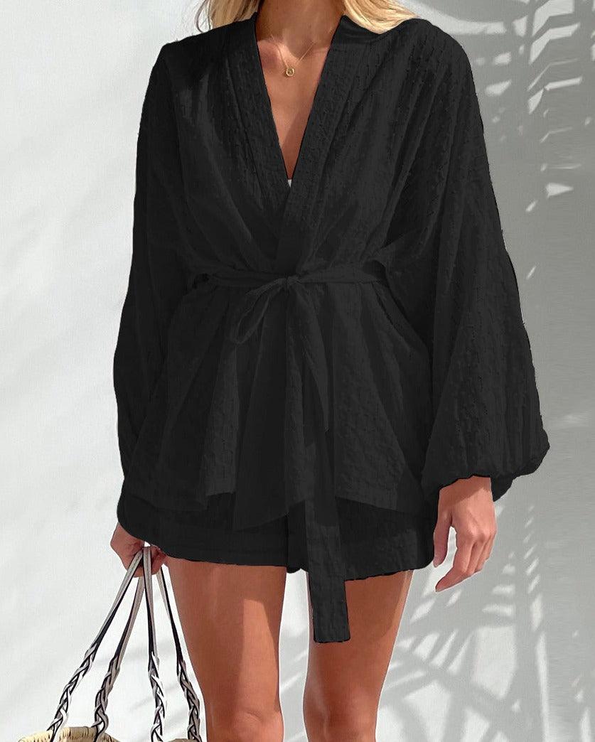 längärmeliges Kimono-Oberteil und Shorts-Set