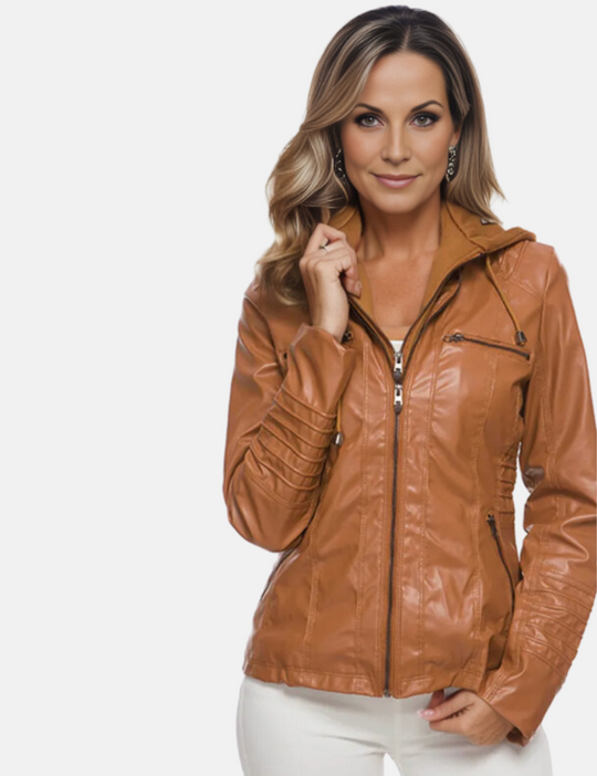 Heidi-Mode | Premium Faux Leder Bikerjacke mit Abnehmbarer Kapuze