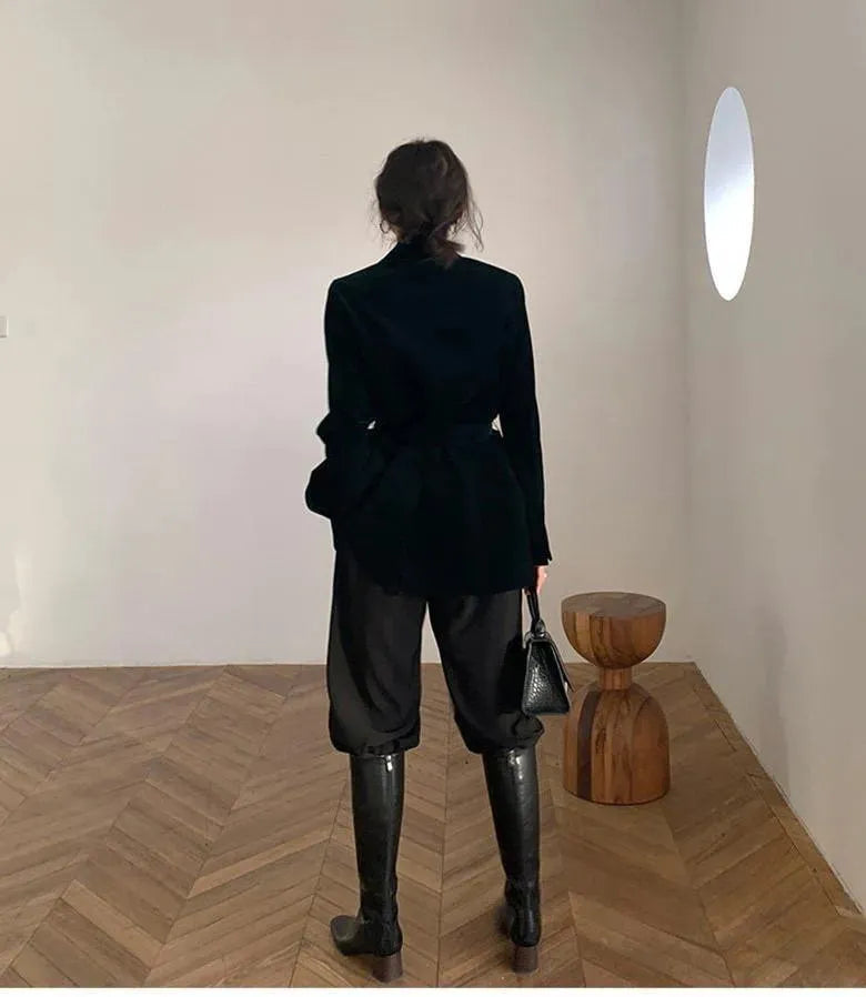 Heidi-Mode | Glänzender Samt Gürtel Oversized Blazer Damen - Freizeit - Unifarben