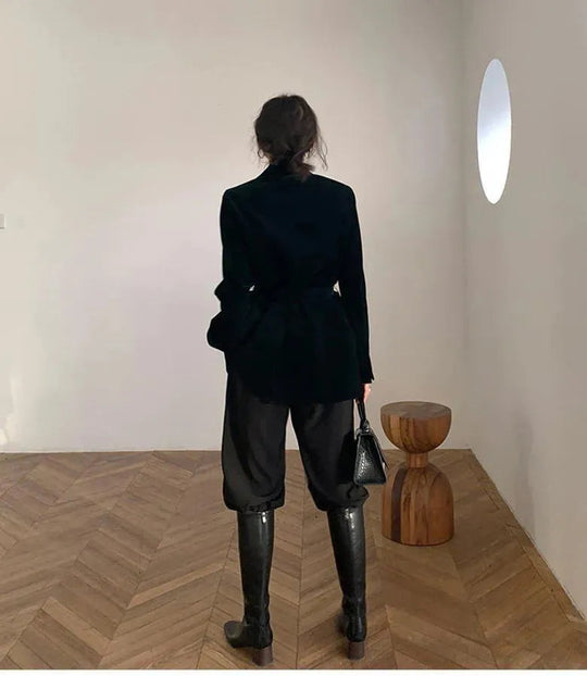 Heidi-Mode | Glänzender Samt Gürtel Oversized Blazer Damen - Freizeit - Unifarben