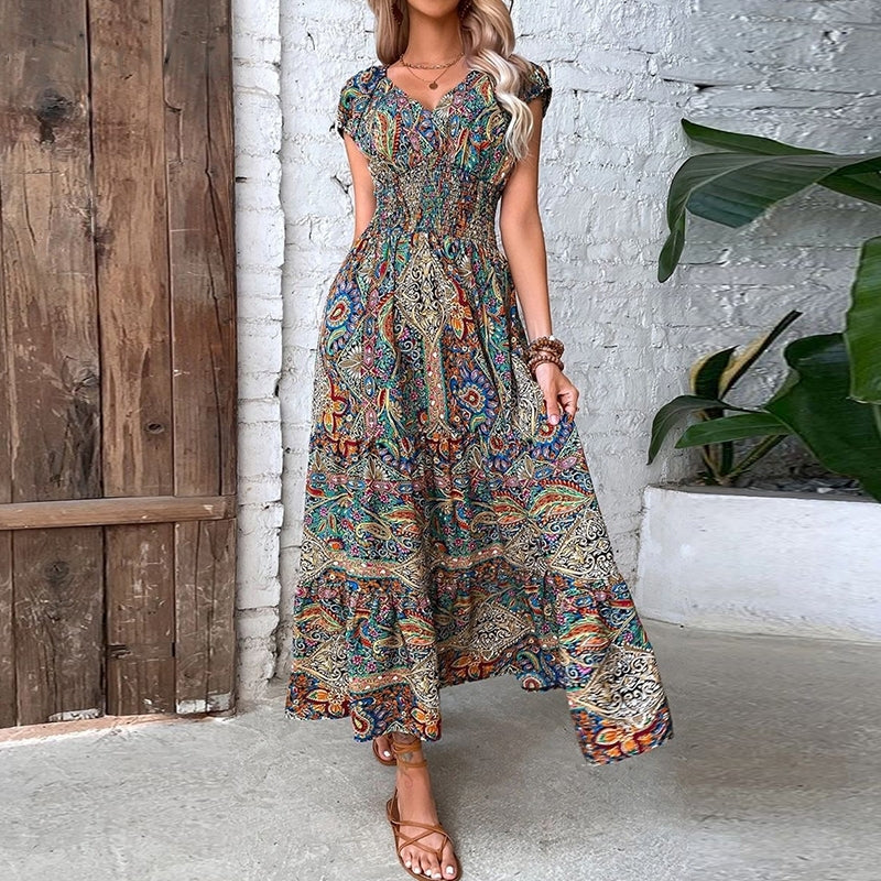 Heidi – Elegantes Bohemian-Kleid mit elastischer Taille und V-Ausschnitt