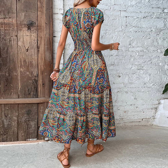 Heidi – Elegantes Bohemian-Kleid mit elastischer Taille und V-Ausschnitt