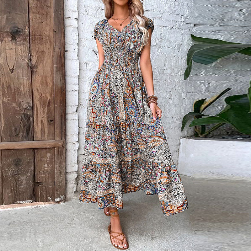 Heidi – Elegantes Bohemian-Kleid mit elastischer Taille und V-Ausschnitt