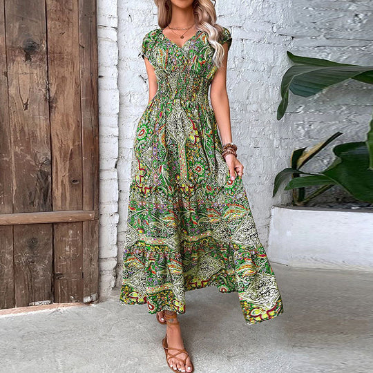 Heidi – Elegantes Bohemian-Kleid mit elastischer Taille und V-Ausschnitt