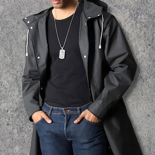 Heidi-Mode | Herren Wasserdichter Kapuzen Regenmantel knielang leicht