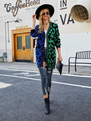 Heidi-Mode | Langer Leoparden Strick Strickjacke Pullover