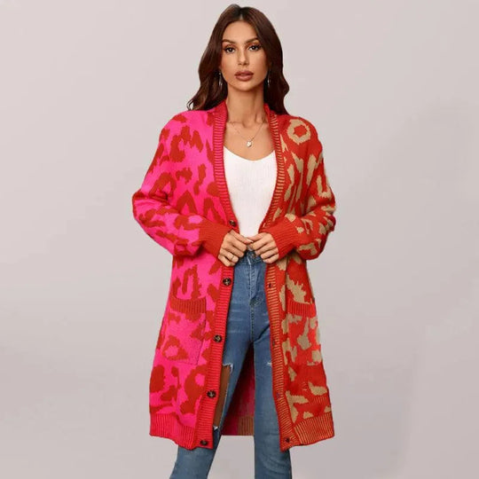 Heidi-Mode | Langer Leoparden Strick Strickjacke Pullover