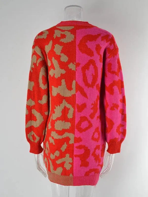 Heidi-Mode | Langer Leoparden Strick Strickjacke Pullover