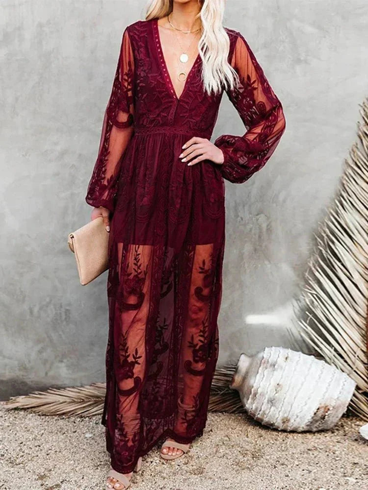 Heidi-Mode | Elegantes und Fließendes Boho Spitzen-Maxikleid für Damen