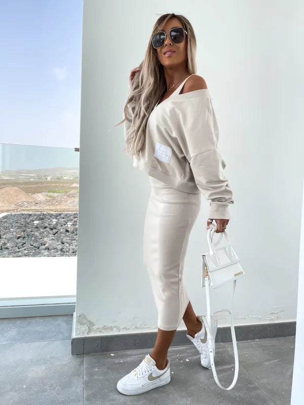 Heidi-Mode | Stilvolles Off Shoulder Crop Top und Midi Rock Set