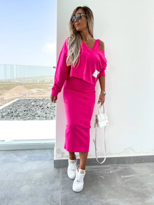 Heidi-Mode | Stilvolles Off Shoulder Crop Top und Midi Rock Set
