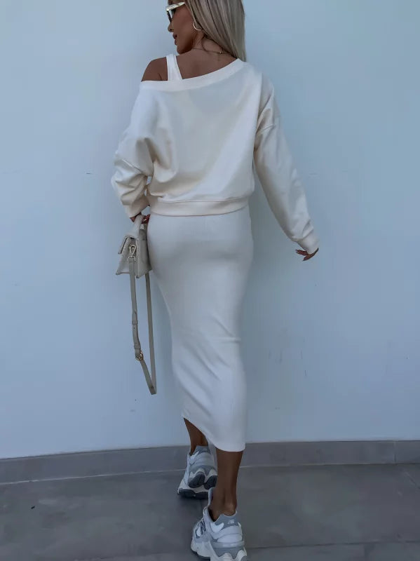 Heidi-Mode | Stilvolles Off Shoulder Crop Top und Midi Rock Set