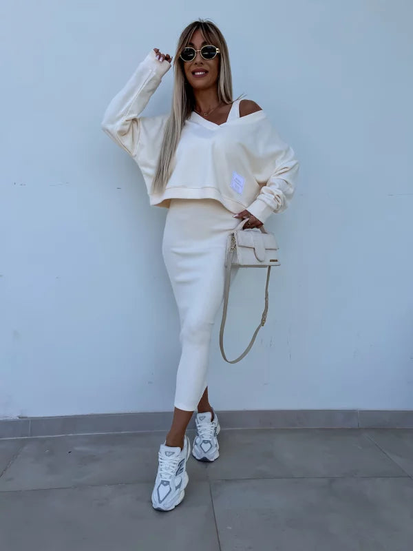 Heidi-Mode | Stilvolles Off Shoulder Crop Top und Midi Rock Set