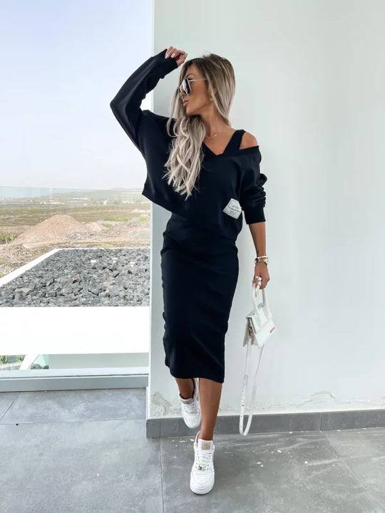 Heidi-Mode | Stilvolles Off Shoulder Crop Top und Midi Rock Set