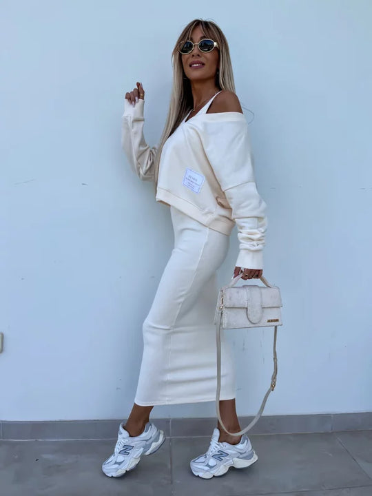 Heidi-Mode | Stilvolles Off Shoulder Crop Top und Midi Rock Set