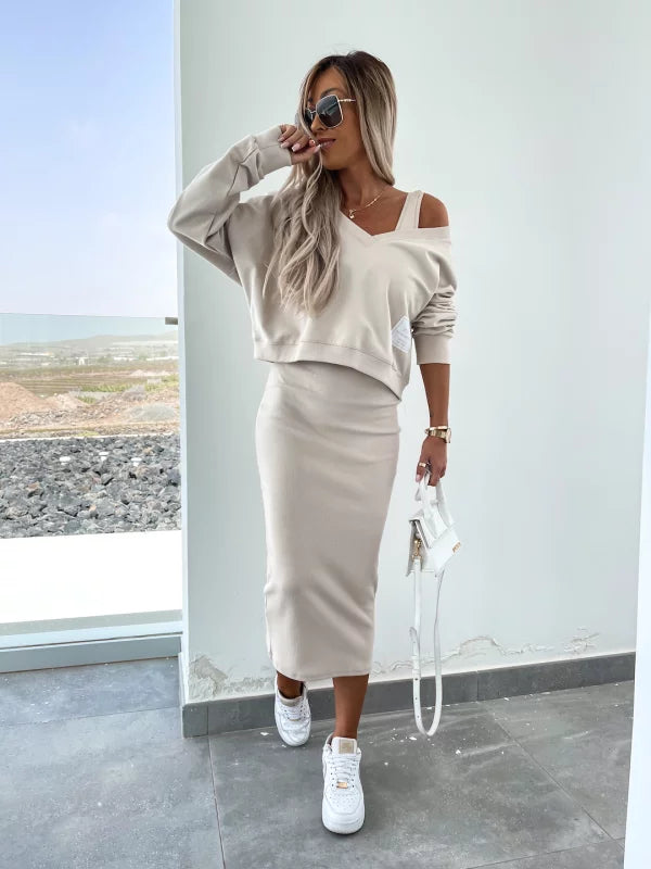 Heidi-Mode | Stilvolles Off Shoulder Crop Top und Midi Rock Set