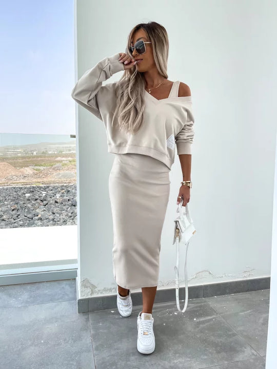 Heidi-Mode | Stilvolles Off Shoulder Crop Top und Midi Rock Set