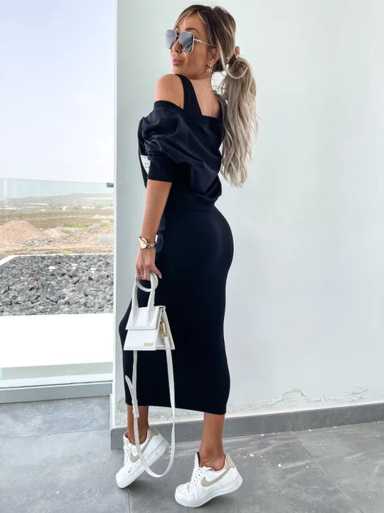 Heidi-Mode | Stilvolles Off Shoulder Crop Top und Midi Rock Set