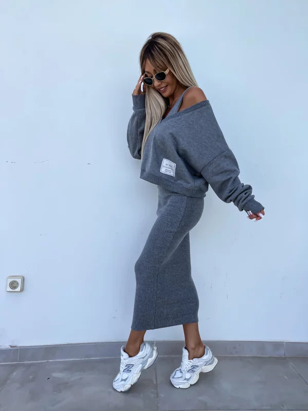 Heidi-Mode | Stilvolles Off Shoulder Crop Top und Midi Rock Set