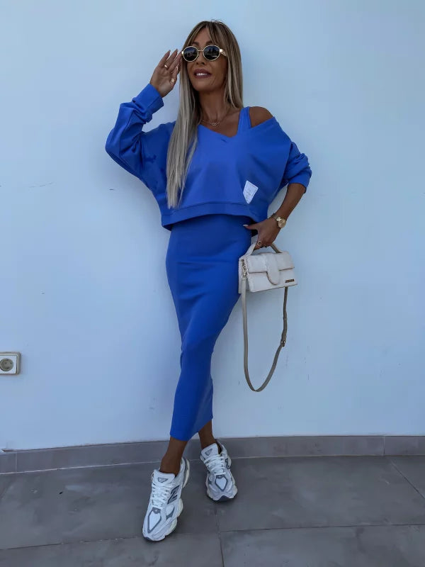 Heidi-Mode | Stilvolles Off Shoulder Crop Top und Midi Rock Set