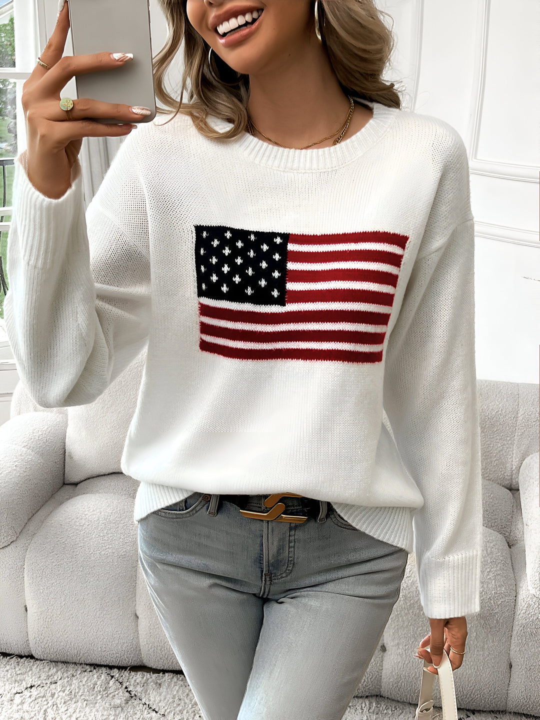 Heidi-Mode |  Amerikanische Flagge Rundhalsausschnitt Pullover